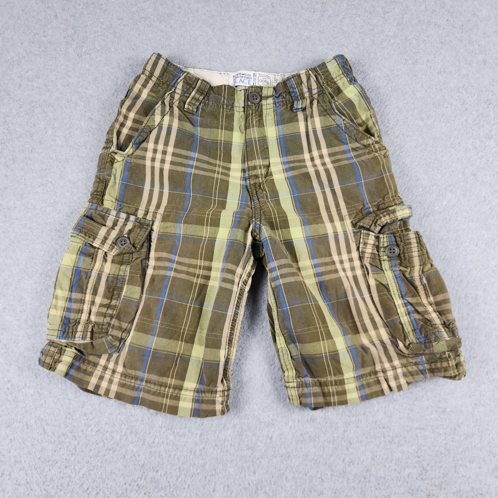 Place Cargo Shorts Kids Size 8 Olive Green Plaid Cotton Pockets Utility Stretch